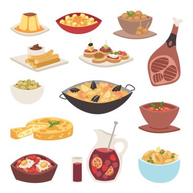 İspanya mutfağı aşçılık geleneksel gıda yemek tarifi İspanyol aperatif tapas ekmek Gastronomi vektör çizim.
