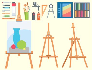 Sanat araçları resim simgeleri ayrıntıları Kırtasiye yaratıcı boya ekipmanları vektör sanatçı enstrüman düz.