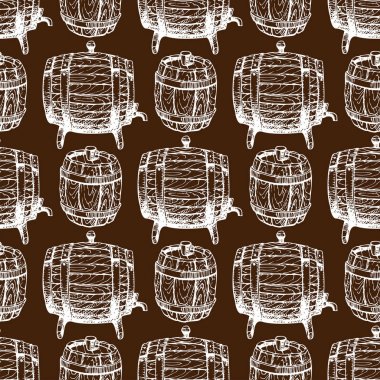 Ahşap varil vintage eski el çizilmiş kroki depolama seamless modeli damıtım kargo davul lager vektör çizim fermantasyon.