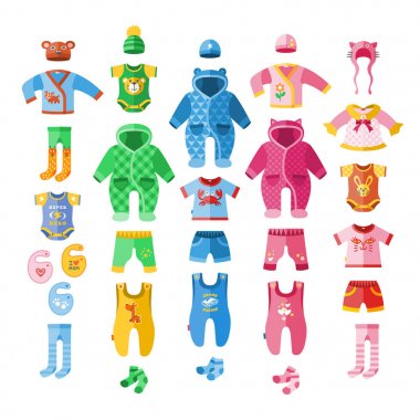 Tasarım kumaş Tekstil Icons set bebek bebek vektör çizim giyim çocuk giyim aşınma ayarlamak elbise