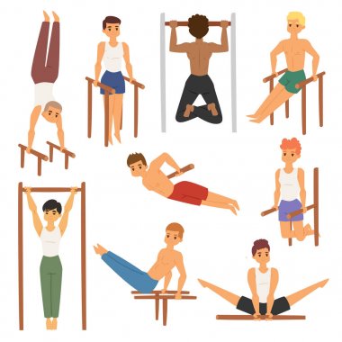 Atlet jimnastik adam yatay yapamadın plank güçlü spor yaparken egzersiz sokak egzersiz bar tricks kas fitness atletik jimnastikçi çocuklar spor karakter vektör çizim.