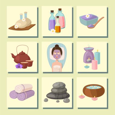 Güzel kadın kaplıca tedavisi, güzellik yordamlar sağlık simgeler vektör çizimleri.