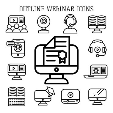 Vektör illüstrasyon iş webinar ve online eğitim internet eğitimler simgeleri anahat.