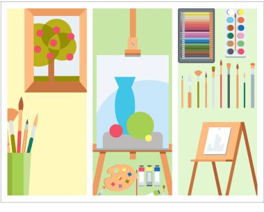 Sanat araçları resim kartları ayrıntıları Kırtasiye yaratıcı boya ekipmanları vektör sanatçı enstrüman düz.