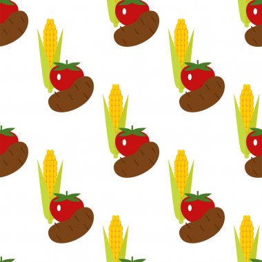 Mısır, patates ve domates Dikişsiz desen arka plan illüstrasyon vektör. Hasat zamanı verim kırpma