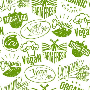 Premium Kalite Eko vegan damga logo ürün işareti retro grunge rozetleri Dikişsiz desen arka plan vektör .