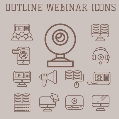 Vektör illüstrasyon iş webinar ve online eğitim internet eğitimler simgeleri anahat.