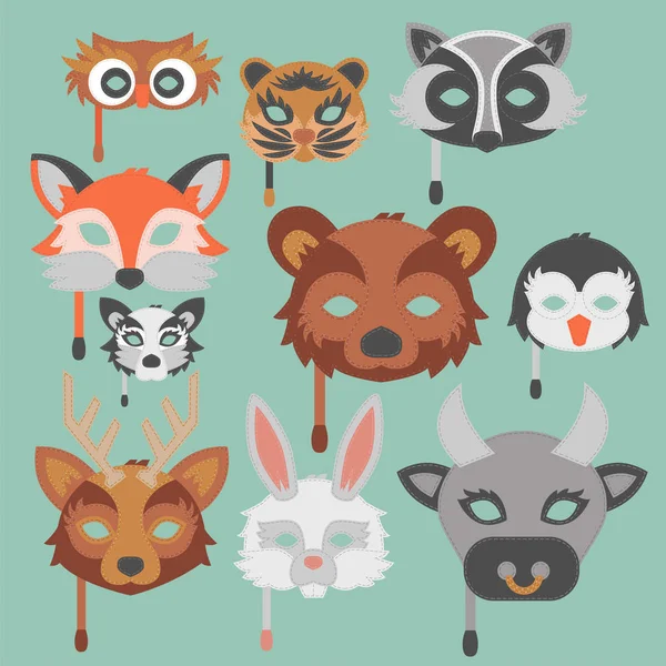 Set of cartoon animals party masks vector holiday illustration party fun masquerade festival decoration. — Stock Vector