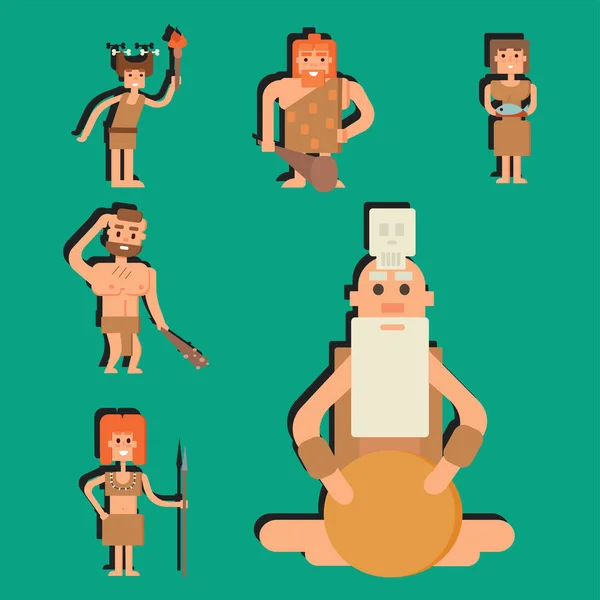 Hombre de las cavernas primitiva edad de piedra dibujos animados gente neandertal personaje evolución vector ilustración . — Archivo Imágenes Vectoriales