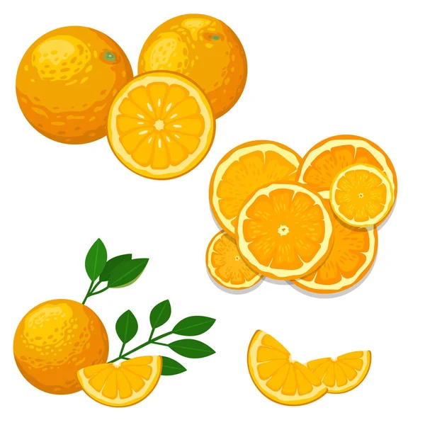 Sinaasappelen en oranje producten illustratie natuurlijke citrusvruchten vector sappige tropische dessert beauty biologisch SAP gezonde voeding. — Stockvector