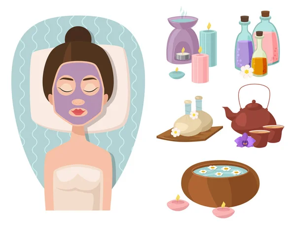 Ilustraciones vectoriales de tratamiento de spa mujer hermosa, iconos de bienestar procedimientos de belleza . — Vector de stock