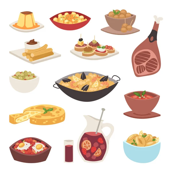 Spain cuisine cookery traditional food dish recipe spanish snack tapas crusty bread gastronomy vector illustration. — Stock Vector