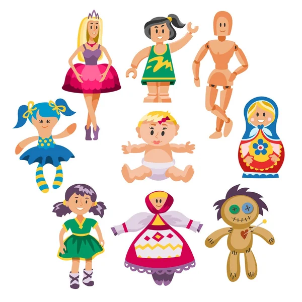 Diferentes muñecas juguete personaje juego vestido y granja espantapájaros trapo muñeca vector ilustración — Archivo Imágenes Vectoriales