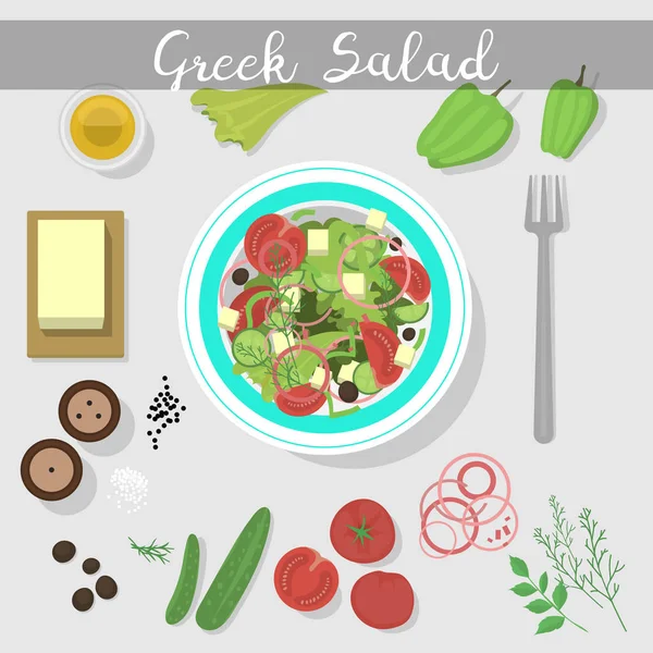Salada grega com legumes frescos ingrediente alimentar oliveira vegetariana saudável feta vegetal aperitivo fresco ilustração vetorial —  Vetores de Stock