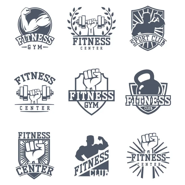 Diseño de emblema de fitness monocromático elemento gimnasio club deportivo fuerte equipo silueta vector ilustración . — Vector de stock