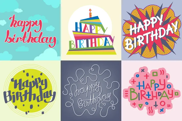 Hermoso cumpleaños invitación tarjeta diseño colorido letras bolsillo vector saludo decoración . — Vector de stock