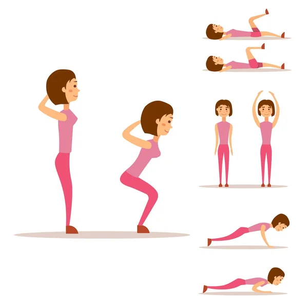 Young woman is exercising at home fitness character workout healthy living and diet concept vector illustration. — Stock Vector