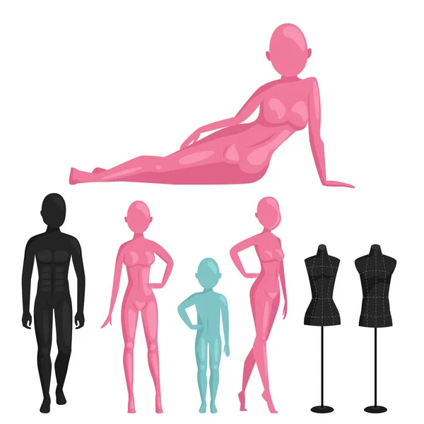 Vektor Dummy Schaufensterpuppe Modell posiert männlich und weiblich schön attraktive Skulptur Kunststoff Figur Silhouette. — Stockvektor