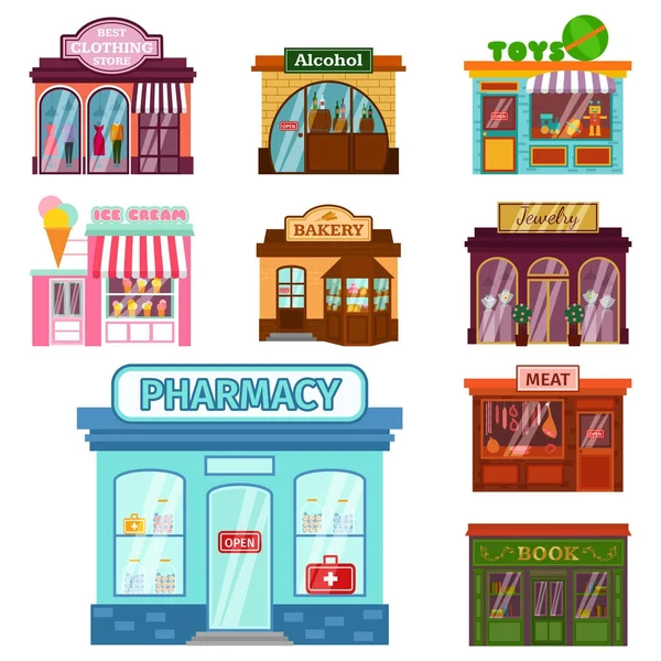 Vector flat design restaurant shops facade storefront market building architecture showcase window illustration. — Stock Vector