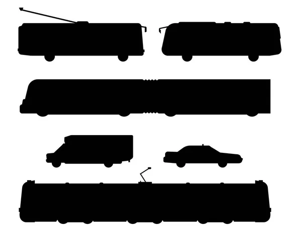 Transporte urbano industria pública silueta negra vector plano ilustraciones tráfico vehículo calle paisaje urbano camino de viaje . — Vector de stock