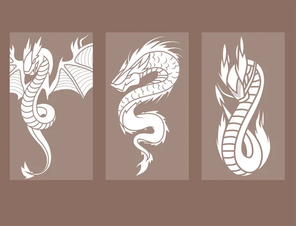 Σιλουέτες Κινεζικού δράκου τατουάζ μυθολογία ουρά τέρας μαγικό εικονίδιο ασιατικής τέχνης των ζώων εικονογράφηση διάνυσμα. — Διανυσματικό Αρχείο