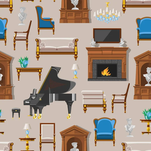 VIP muebles de interior vintage rica casa rica habitación con sofá conjunto de pared de ladrillo de fondo vector de fondo sin costuras  . — Archivo Imágenes Vectoriales