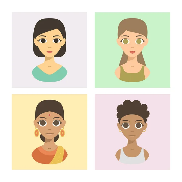 Avatares frescos diferentes folletos naciones personas retratos etnia diferentes tonos de piel afiliación étnica y estilos de pelo vector ilustración . — Vector de stock