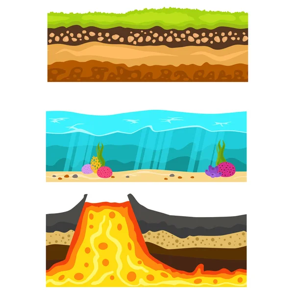 Απεικόνιση της διατομής του εδάφους ηφαίστειο χώρα κηπουρική εδάφους φέτες κομμάτι γης φύση εξωτερική διάνυσμα. — Διανυσματικό Αρχείο