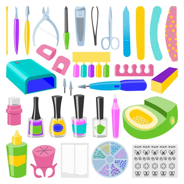 Manicura y pedicura pie mano salud belleza moda cuidado dedos instrumentos vector personal cosméticos equipo — Vector de stock