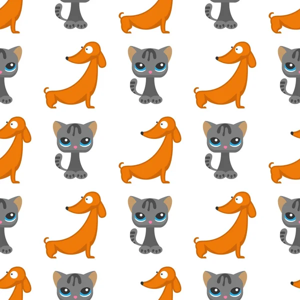 Katten honden vector illustratie schattige dieren grappige naadloze patroon achtergrond tekens katachtige binnenlandse trendy huisdier — Stockvector