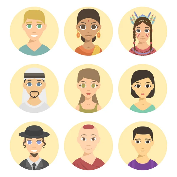 Avatares frescos diferentes naciones personas retratos etnia diferentes tonos de piel afiliación étnica y estilos de pelo vector ilustración . — Vector de stock