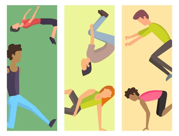 Fitness sport parkour tarjetas personas concepto joven saltar extrema correr peligro gimnasia ejercicio vector ilustración — Archivo Imágenes Vectoriales