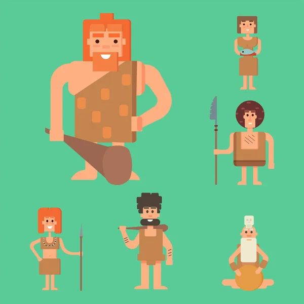 Hombre de las cavernas primitiva edad de piedra dibujos animados gente neandertal personaje evolución vector ilustración . — Vector de stock