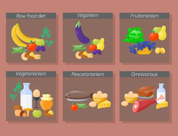 Typer av livsmedel diet vektor illustration hälsosam kost konceptet frukt och grönsaker kök meny matlagning ingrediens ekologisk livsstil. — Stock vektor