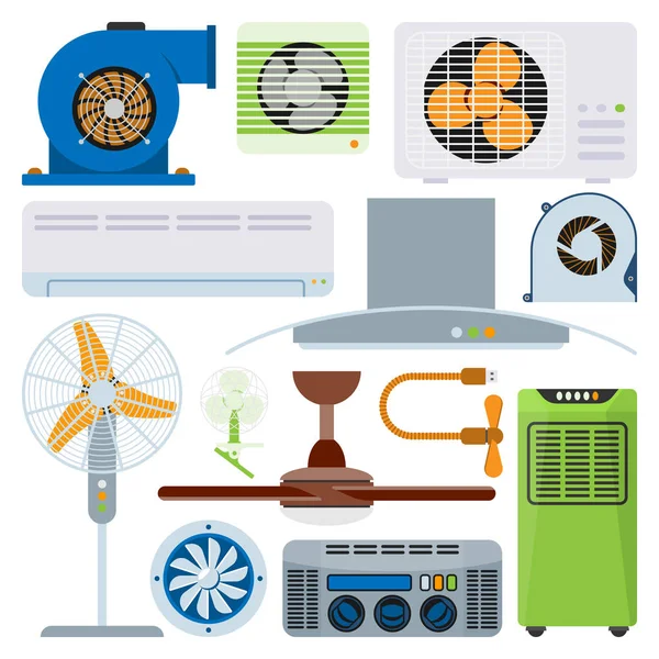 Sistema de ventilación aire acondicionado ventiladores equipos acondicionamiento climatización ventilador tecnología temperatura enfriadores vector ilustración — Archivo Imágenes Vectoriales