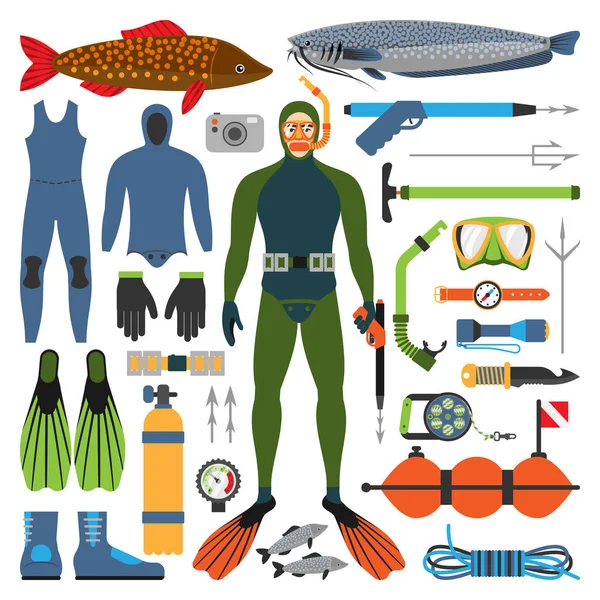 Underwater hunting and hunter man character with gun other fishing contrivance device weapon vector illustration.