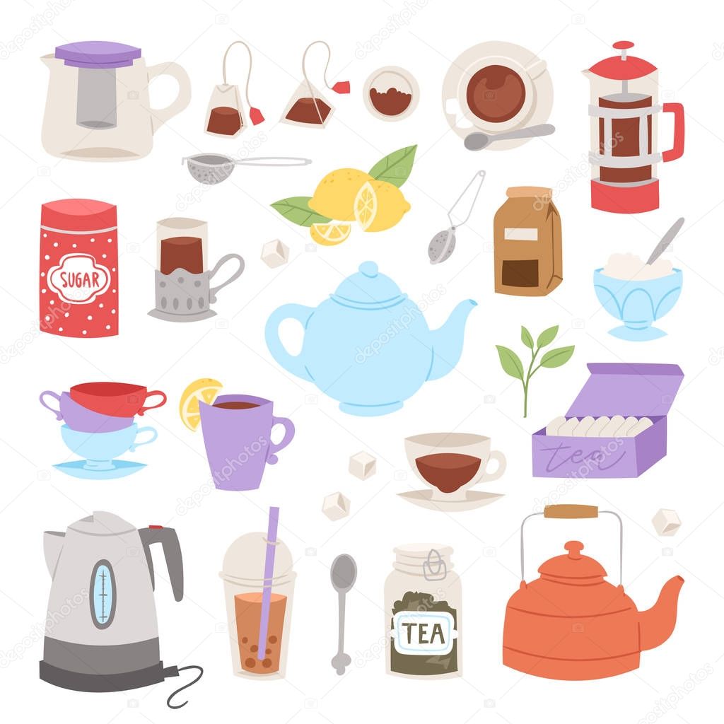 Tea time drinking procedure icons how to prepare hot drink instruction traditional teapot kettle cooking vector illustration.