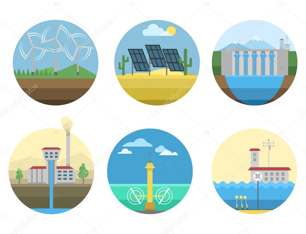 Generation energy types power plant icons vector renewable alternative solar wave illustration