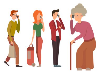 Telefon aygıtları ile modaya uygun düz insanlar Merhaba teknoloji teknoloji vektör çizim kullanarak karakter grubu.