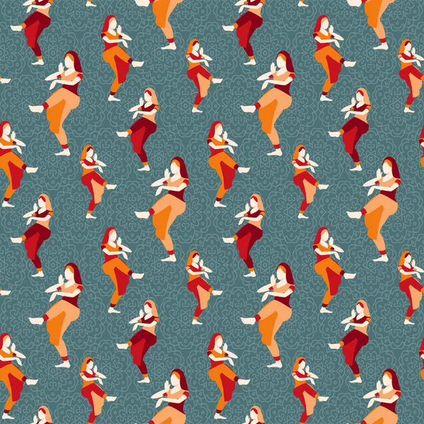 India mujer bailando silueta película, cine ropa tradicional chica vector ilustración sin costuras patrón de fondo — Archivo Imágenes Vectoriales