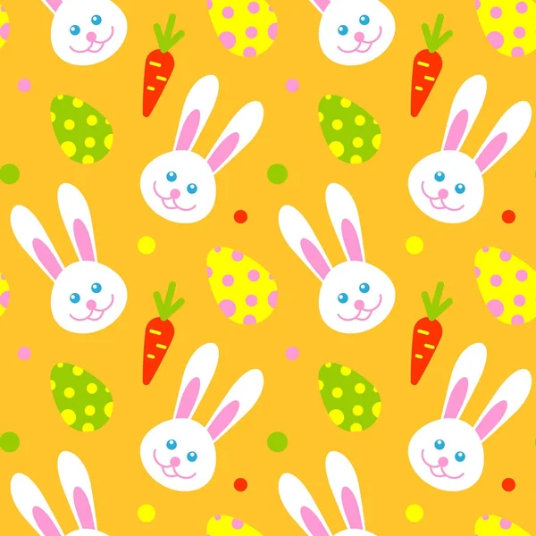 Šťastný roztomilý králík tvář kreslený charakter hlavy savec a velikonoční vejce holiday bezešvé vzor — Stockový vektor