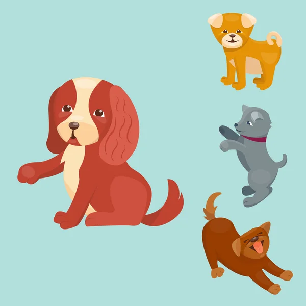 Vektor ilustrasi lucu bermain anjing karakter lucu ras anjing komik bahagia mamalia berkembang biak - Stok Vektor