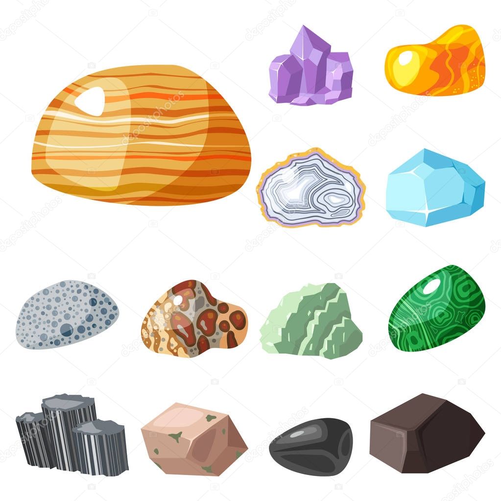Semi precious gemstones stones and mineral stone isolated dice colorful shiny crystalline vector illustration
