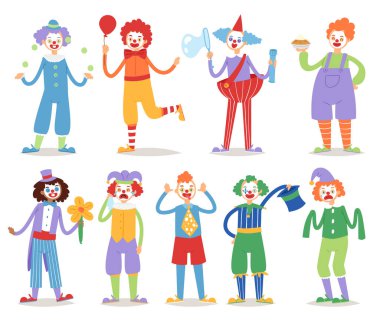 Palyaço vektör sirk karakter komik sirk adam saçmalıklarının renkli dostu karikatür kostüm erkek görünüşlü sanatçı çizim.