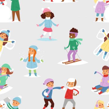 Winter Christmas kids playing games outdoor street playground children wintertime kids playing sport games of kinds snowball, skating seamless pattern background