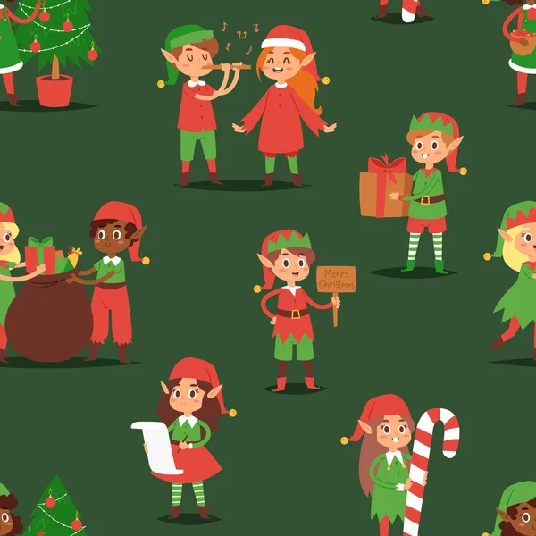 Elfes de Noël enfants vecteur enfants Père Noël aides dessin animé elfish garçons et filles jeunes personnages costume traditionnel célébré sans couture motif arrière-plan — Image vectorielle