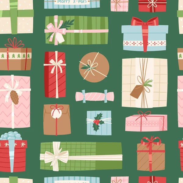 Caja de regalo vector regalo paquetes regalo Navidad o cumpleaños ilustración plana celebración arco objeto sin costuras, patrón, fondo — Archivo Imágenes Vectoriales
