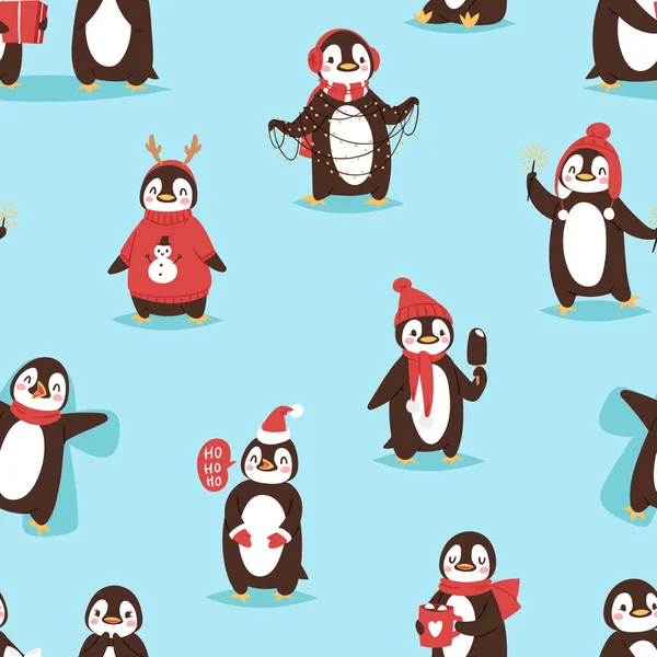 Natal bonito pinguim vetor personagem desenho animado pássaro celebrar poses Xmas - jogar, walc, mosca e feliz pinguim rosto sorriso em Santa vermelho chapéu sem costura padrão fundo —  Vetores de Stock