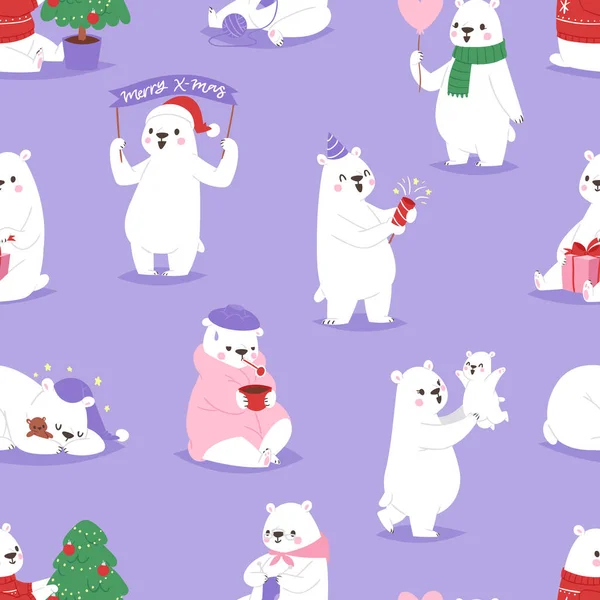 Navidad oso blanco vector animal lindo belleza carácter divertido estilo diferentes poses celebrar Navidad vacaciones o Año Nuevo tiempo oso grande animal patrón sin costuras fondo — Vector de stock