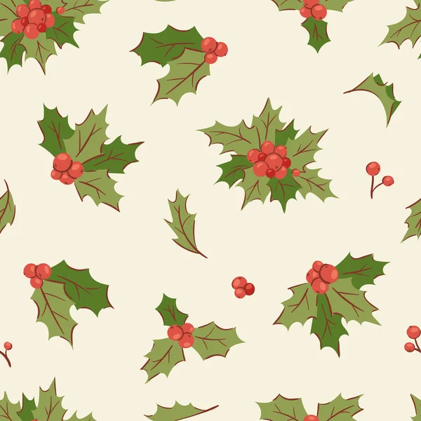 Kerst Hulst bessen decoratie vector verlaat boom set, Xmas traditionele Holly Berry symbool blad tak illustratie naadloze patroon pictogramachtergrond — Stockvector
